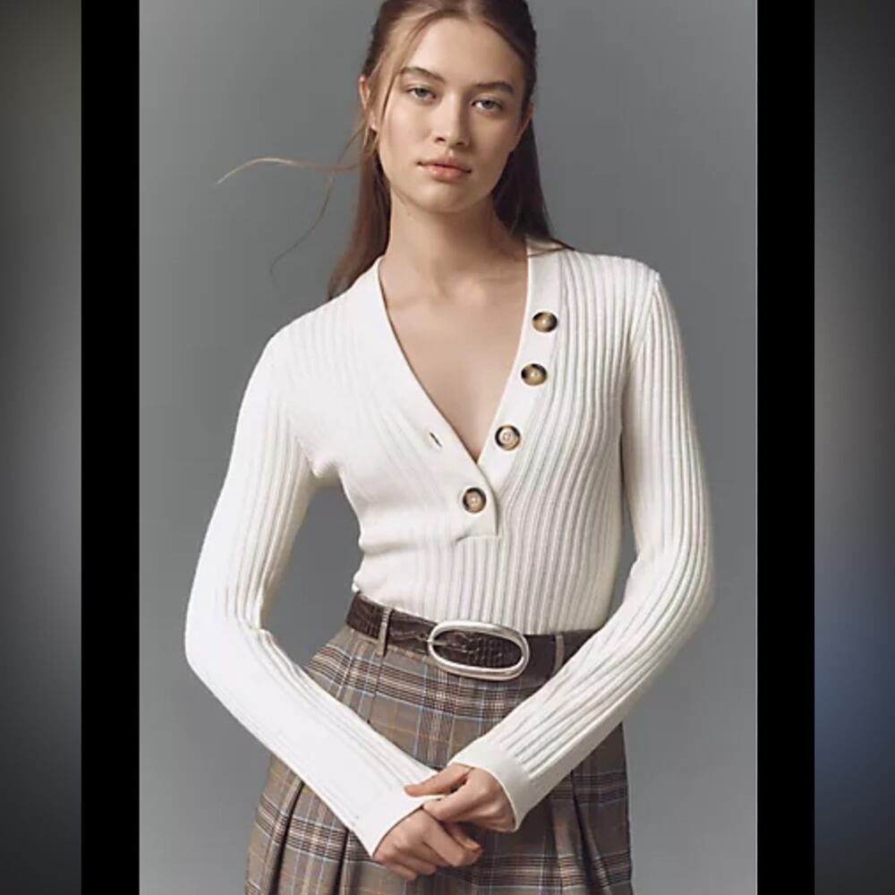 Pilcro Ivory Ribbed V-Neck Sweater with Offset Button Detail